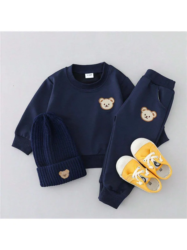 SHEIN Infant & Toddler Plain Color Cartoon Bear Head Long Sleeve Crew Neck 2pcs Clothing Set, Excludes Shoes & Hat, Spring & Autumn Skirt with Slits