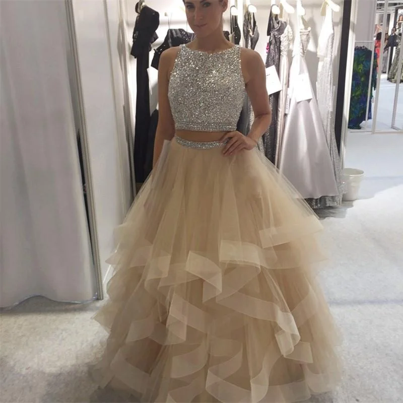 Long Crystal Beaded Two Pieces Prom Dresses Ruffles Ball Gown Skirt 2022 Pleated Maxi Skirt