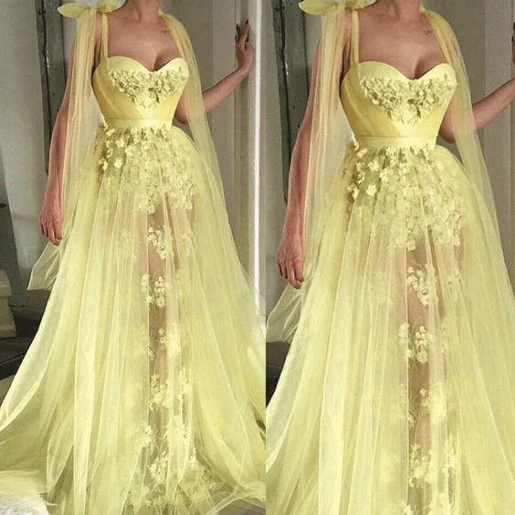 Long Yellow Sleeveless Prom Gown with 3D Flowers, Elegant Lace Applique, and Beads, PD23030129 Sexy Maxi Skirt