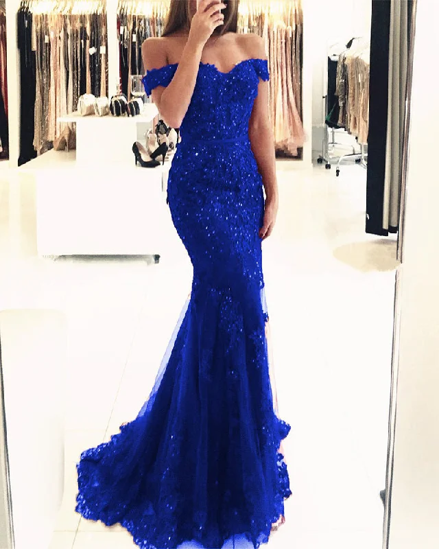 Royal Blue Lace Mermaid Prom Gown Off Shoulder with Sequins Long PL614 Long Boho Skirt