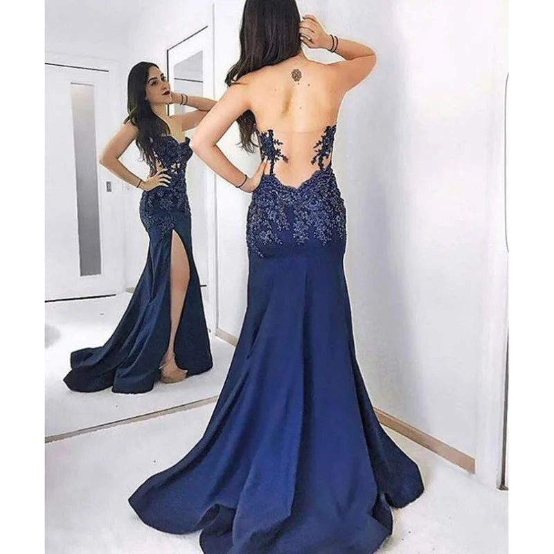 Royal Blue Sexy Split Lace Appliques Long Evening Formal Gowns 2018 Prom Gown Summer Beach Maxi