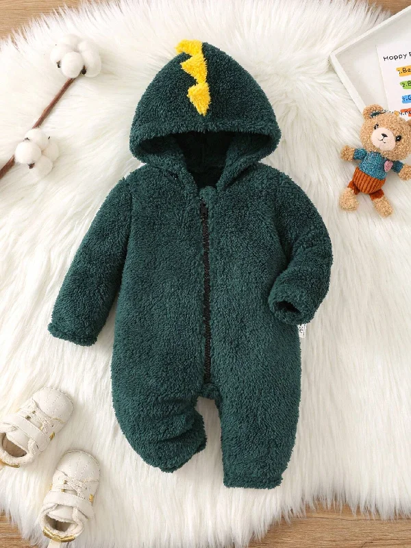 SHEIN Newborn Baby Boys Autumn Winter Hooded Horn Shaped Zipper Front Long Sleeve Fleece Romper Full Maxi Skirt