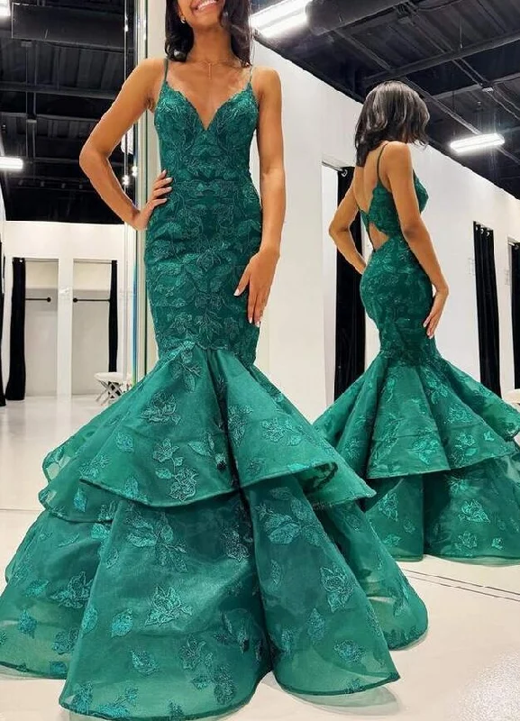 Straps Mermaid Lace Long Prom Dress with Ruffle Skirt Maxi Skirt Dress