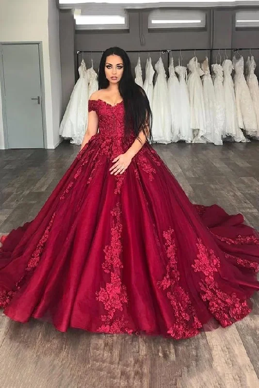 Timeless Romance Off-the-Shoulder Burgundy Long Ball Gown, PD2305144 Soft Maxi Dress