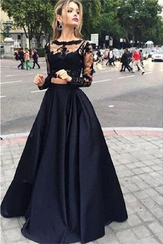 Two-Piece Black Ball Gown with Long Sleeves, Perfect for Prom or Party, PD2303047 Casual Long Skirt