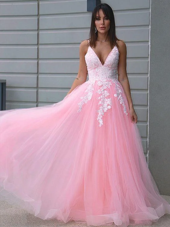 V-Neck Tulle A-Line Prom Dress with Long Pink Skirt, PD2303079 Maxi Skirt Chic