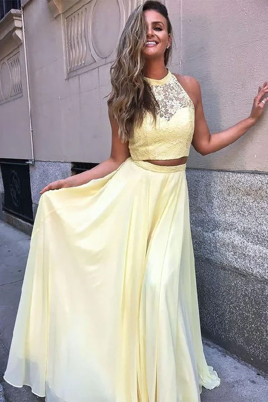 Yellow 2 Piece Prom Dress with Long Flowy Skirt, PD2303016 Soft Pleated Maxi