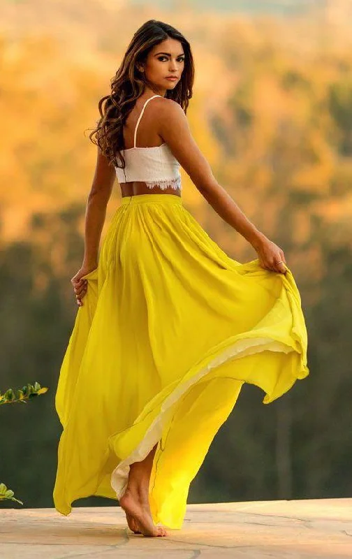 Yellow Chiffon Sweetheart Lace Prom Dress with Long Skirt, PD2303017 Front Pocket Maxi