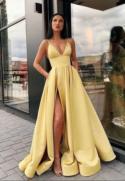 Yellow Satin Prom Dress Slit Skirt, Prom Dresses Long, Evening Dress, Formal Dress, Graduation School Party Gown, PC0471 Bold Maxi Skirt