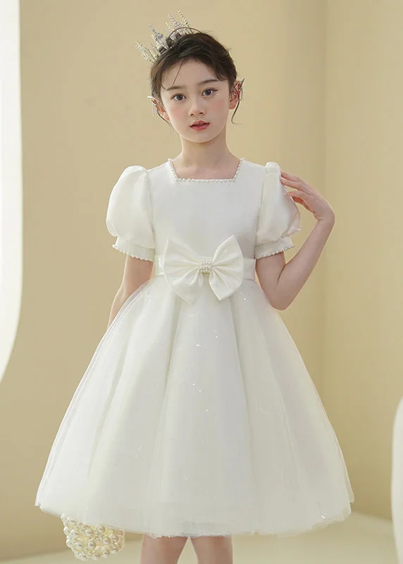 2024 New White Nail Bead Bow Tulle Girls Mid Dress Puff Sleeve XZ040 Sparkling Tulle Dress