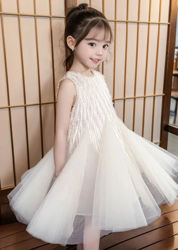 Art Apricot O-Neck Patchwork Tulle Girls Long Dress Sleeveless XZ030 Tulle Dress Modern