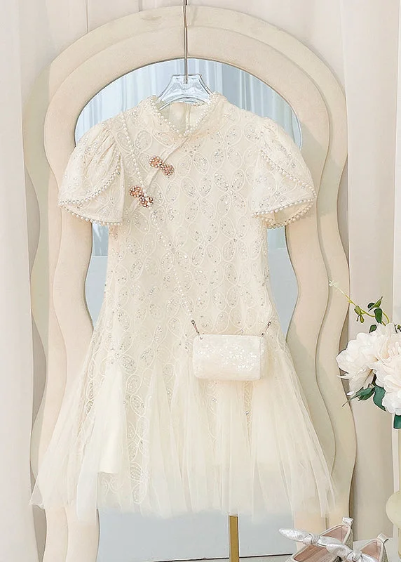 Art Beige Nail Bead Tulle Patchwork Kids Long Dress Short Sleeve MN012 Off-shoulder Tulle Dress