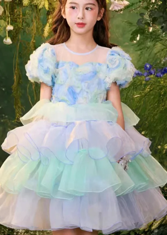 Beautiful Colorblock O-Neck Tulle Patchwork Girls Mid Dress Summer XZ045 Tulle Cocktail Dress