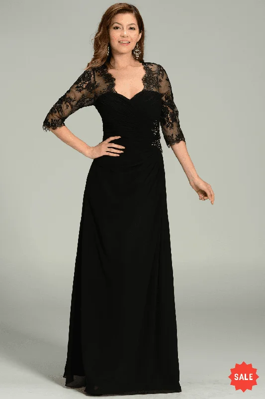 Long Chiffon Dress with Lace Sleeves by Poly USA 7210 Modern Lace Dress