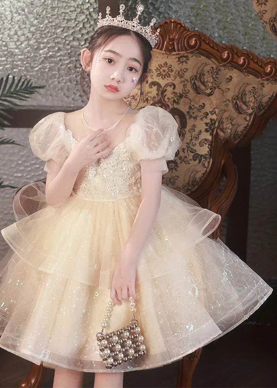 Boutique Champagne O-Neck Tulle Girls Mid Princess Dress Short Sleeve XZ032 Tulle Lace Gown