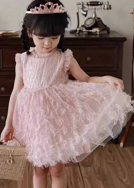 Boutique Pink Ruffled Tulle Patchwork Kids Holiday Feather Mid Dress Sleeveless XZ046 Tulle Wedding Dress