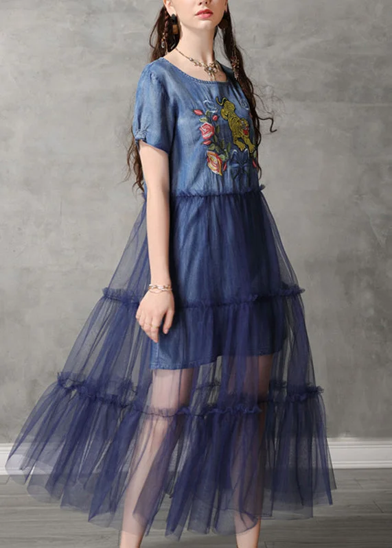 Classy Blue O-Neck Embroidered Tulle Patchwork Long Denim Dresses Short Sleeve NN020 Tulle Dress Ruffles