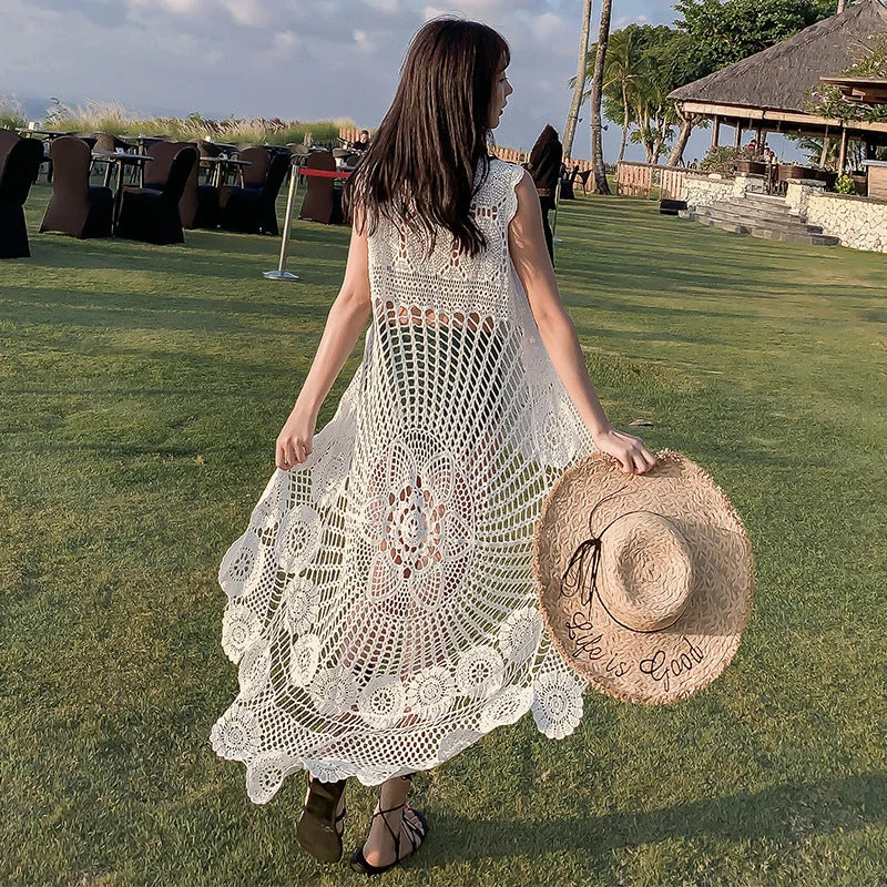 Crochet Lace Asymmetrical Beach Style Dress Lace Gown Style