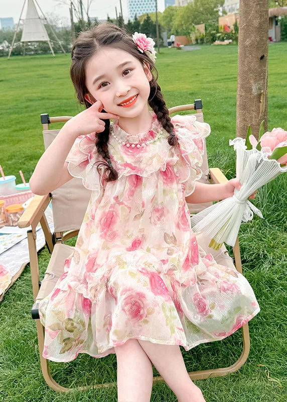 Cute Apricot Stand Collar Print Tulle Girls Mid Dress Summer XZ047 Casual Tulle Dress