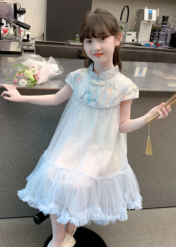 Cute Blue Print Patchwork Tassel Tulle Kids Long Dresses Summer MN027 Tulle Dress Dream