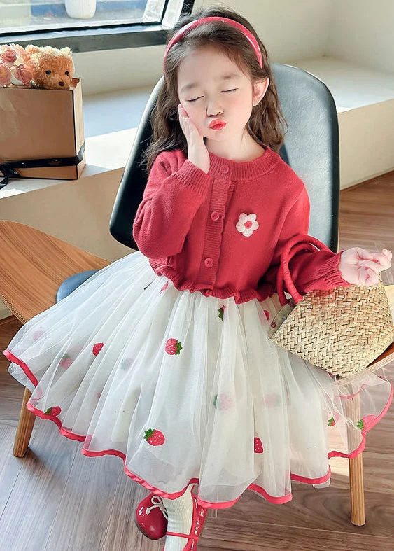 Cute Red Ruffled Tulle Patchwork Knit Girls Long Dress Fall XZ050 Tulle Skirt Dress