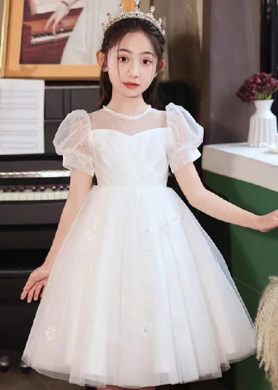 Cute White Embroideried Patchwork Tulle Girls Long Dresses Short Sleeve XZ027 Blue Tulle Dress