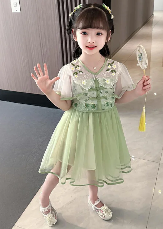 Fashion Green V Neck Embroideried Patchwork Tulle Girls Long Dresses Summer MN031 Tulle Dress Formal