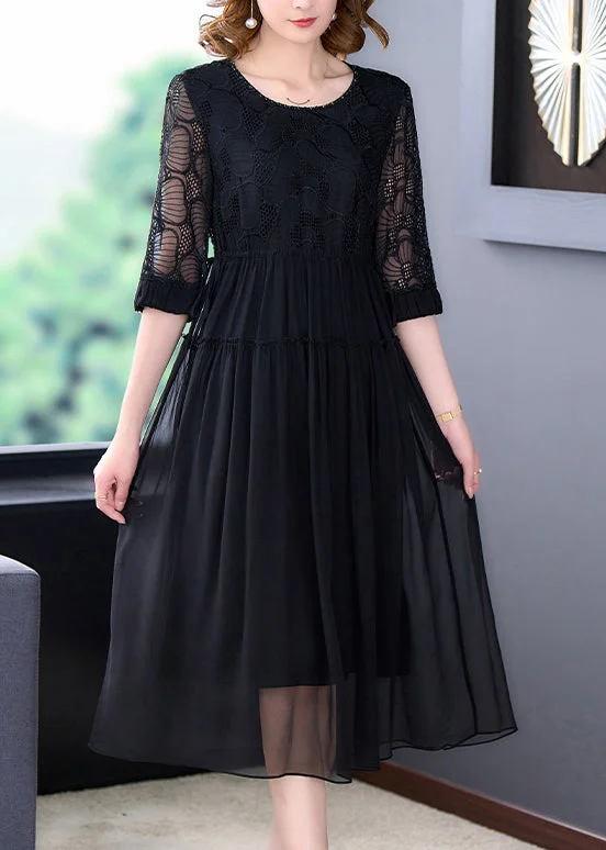 French Black Wrinkled Lace Up Chiffon Long Dress Half Sleeve OP1008 Sheer Lace Dress