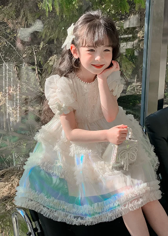 Gradient Color White Ruffled Patchwork Nail Bead Tulle Kids Long Dress Short Sleeve XZ044 Tulle Ball Gown