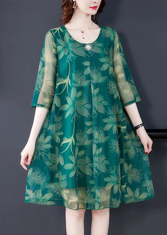 Green Print Tulle Dresses O Neck Half Sleeve OP1084 Tulle Lace Dress