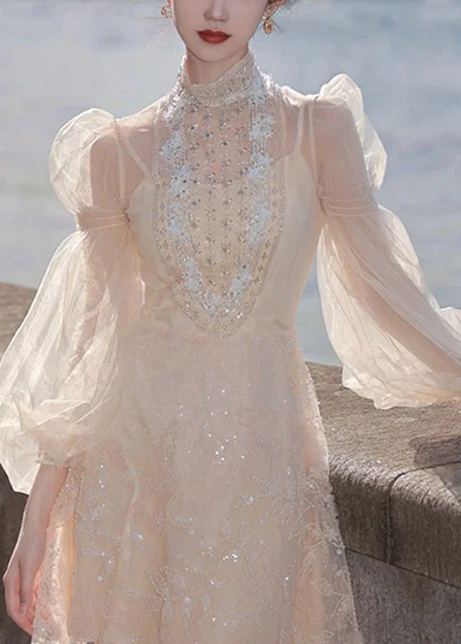 Handmade Apricot Nail Bead Tulle Mid Dress Long Sleeve XX052 Tulle Dress Flare