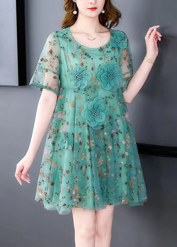 Italian Green O Neck Embroidered Tulle Mid Dress Summer OP1078 Chic Tulle Dress