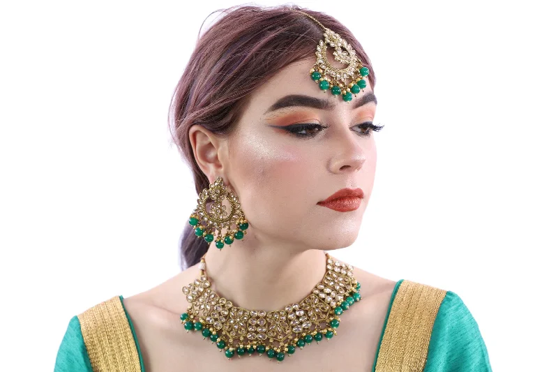 Jaw-Dropping Green and Gold Necklace Set with Earrings and Tika - 1038 Lace Dress Glamorous