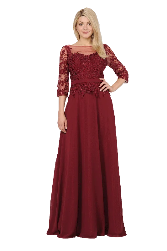 Long Chiffon Dress with Sheer Lace Sleeves by Poly USA 7598 Long Sleeve Lace Dress