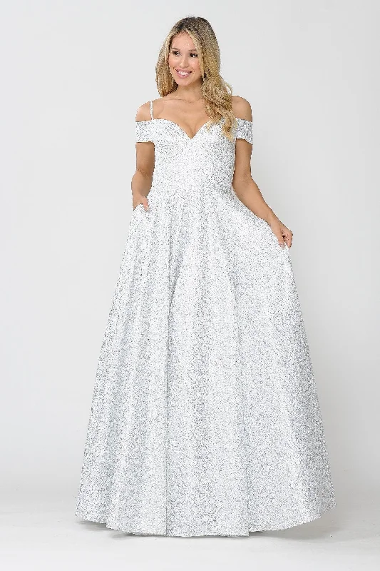 Long Glitter Lace Cold Shoulder Dress by Poly USA 8380 Lace Wedding Dress