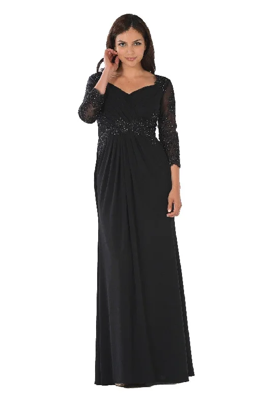 Long Lace Applique Pleated Dress with Sleeves by Poly USA 7812 Tiered Lace Dress