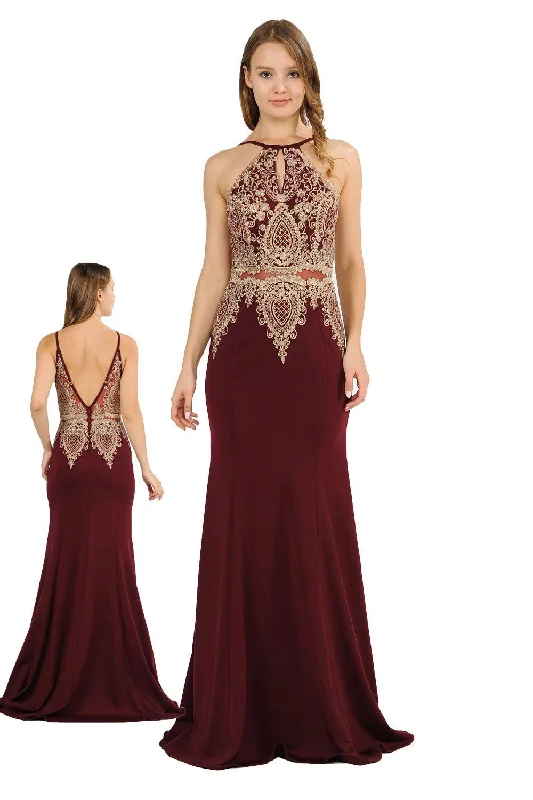 Long Mock Two-Piece Dress with Lace Appliques by Poly USA 8244 Lace Detail Dress