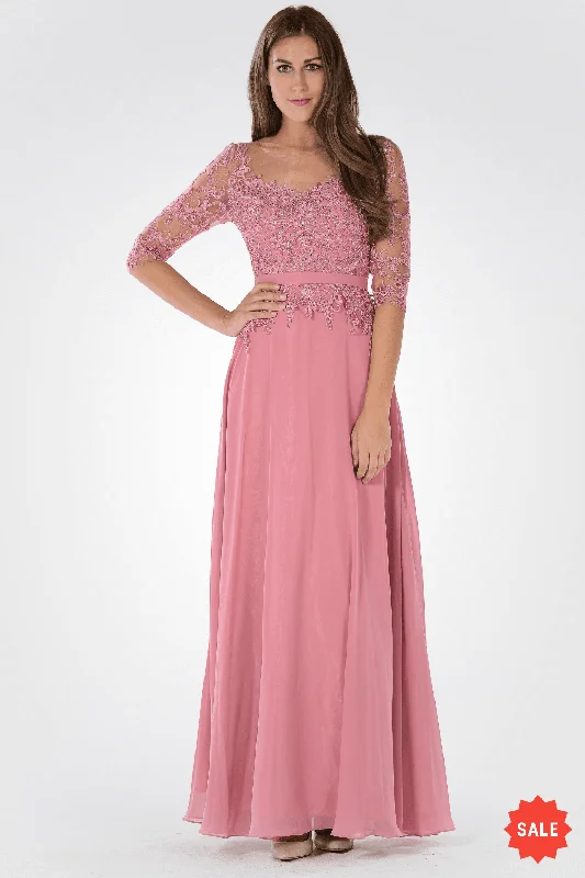 Long Dress with Illusion Lace Sleeves by Poly USA 7598 Elegant Lace Gown