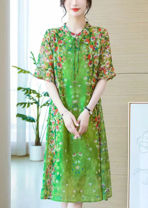 Loose Green Lace Up Print Silk Long Dresses Summer OP1012 Lace Dress Sleek