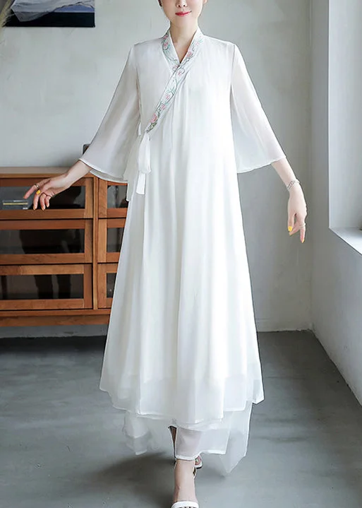 Loose White Embroidered Lace Up Chiffon Dresses Flare Sleeve OP1020 Lace Gown Glam