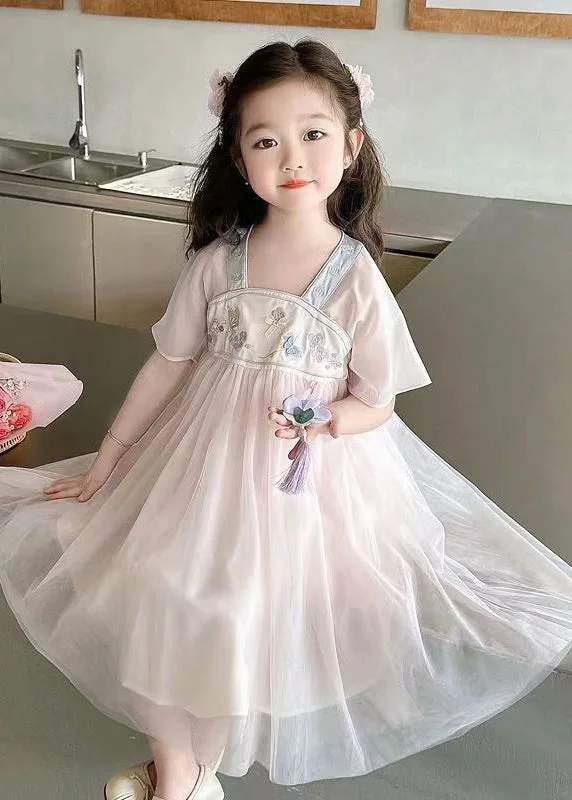 Lovely Light Pink Square Collar Embroideried Patchwork Tulle Kids Long Dresses Summer MN011 Tulle Dress Outfit