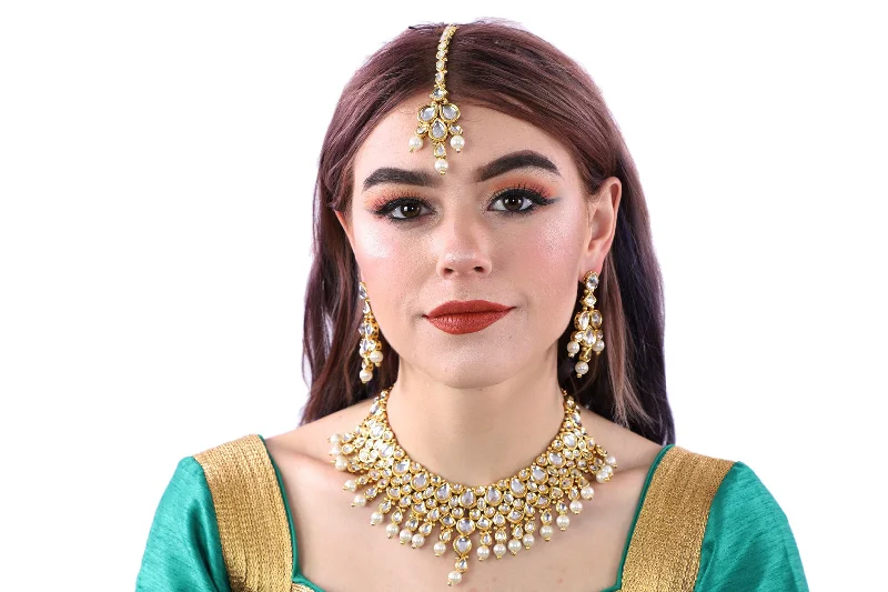 Gold Kundan Pearl Choker Necklace Set with Earrings and Tika - 0955 Lace Party Gown