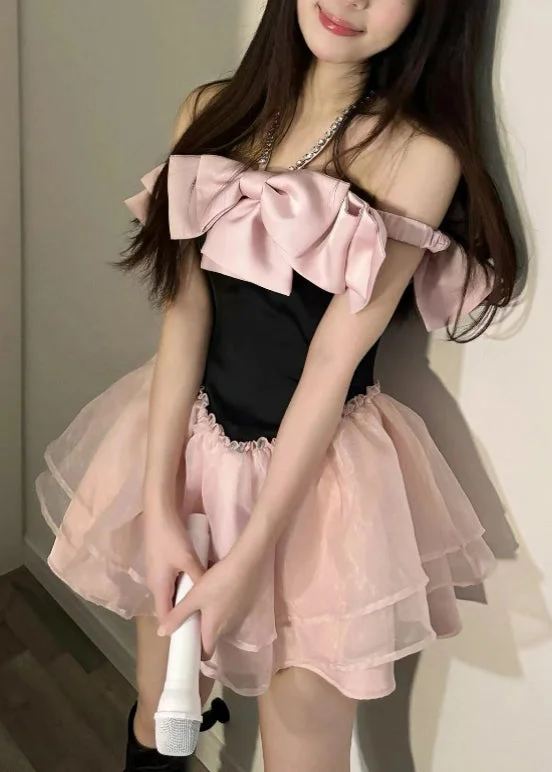 Novelty Pink Bow Zircon Tulle Patchwork Mid Dress Summer XX054 Tulle Dress Perfect