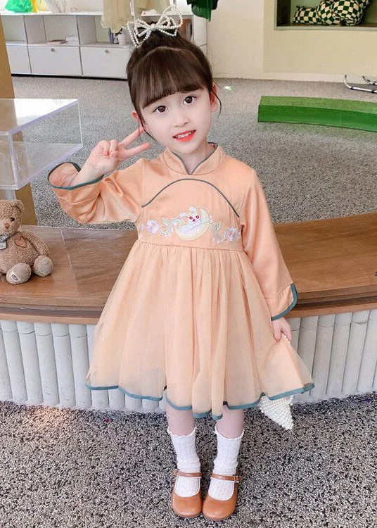 Orange Zippered Tulle Patchwork Cotton Girls Dress Stand Collar Fall XZ019 Boho Chic Tulle