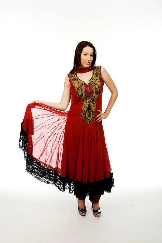 Red Soft Net and Lace Anarkali Lace Dress Shine