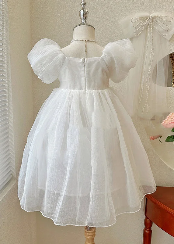 Simple White Square Collar Patchwork Tulle Girls Vacation Long Dresses Summer XZ043 Chic Tulle Dress