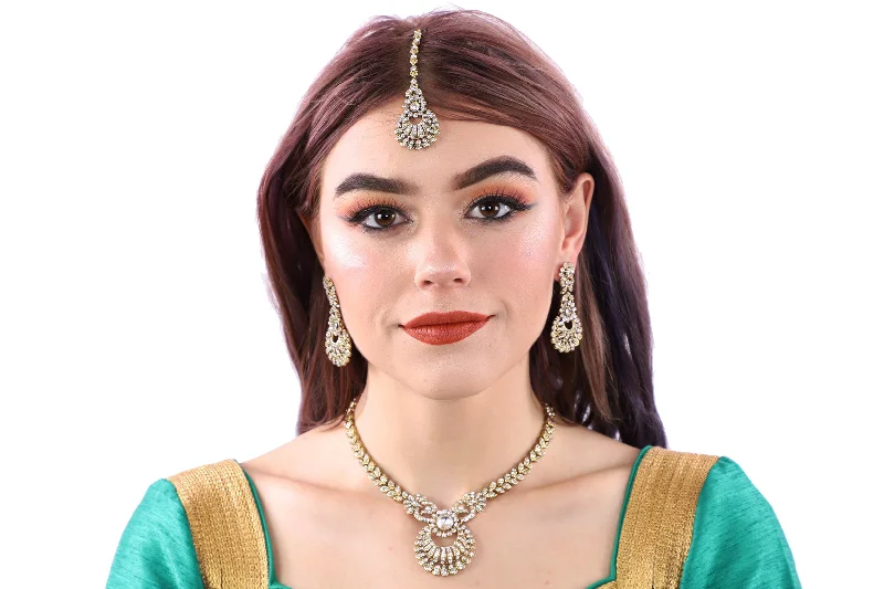 Simplistically Stunning Light Gold Necklace Set with Earrings and Tika - 0958 Elegant Lace Design