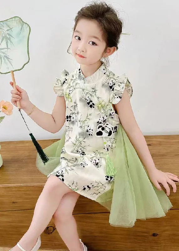 Stylish Green Print Tulle Patchwork Button Girls Mid Dresses Summer MN002 White Tulle Dress