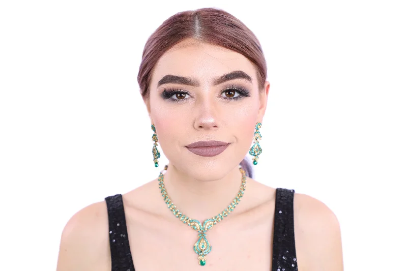 Terrifically Turquoise Gold Necklace Set with Earrings - 1158 Lace Dress Fit