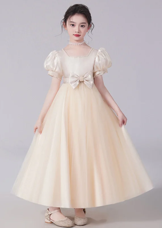 Unique Champagne Bow Nail bead Tulle Girls Long Dresses Short Sleeve XZ025 Tulle Dress Simple